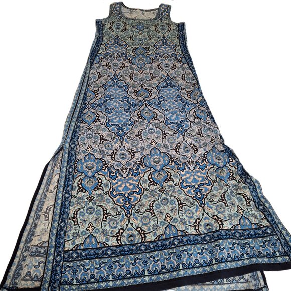 Y2k Max Studio Racing Blue Side Stripe Blue Floral Handkerchief Maxi Dress M - Picture 9 of 12